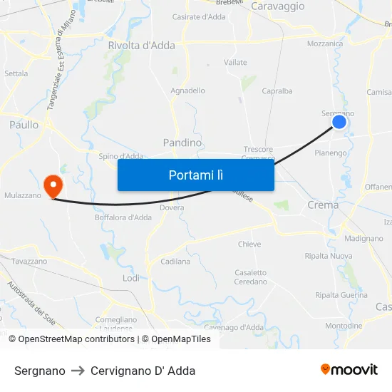 Sergnano to Cervignano D' Adda map
