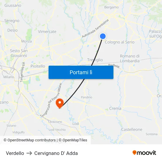 Verdello to Cervignano D' Adda map