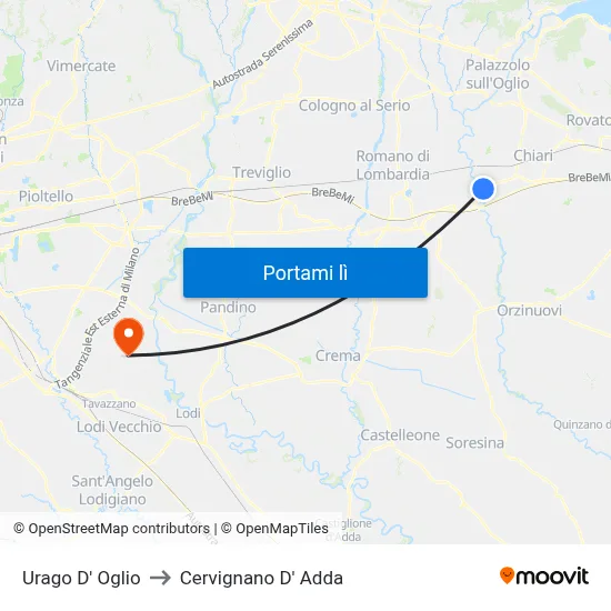 Urago D' Oglio to Cervignano D' Adda map