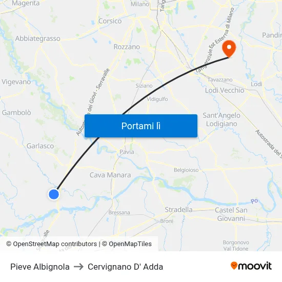 Pieve Albignola to Cervignano D' Adda map