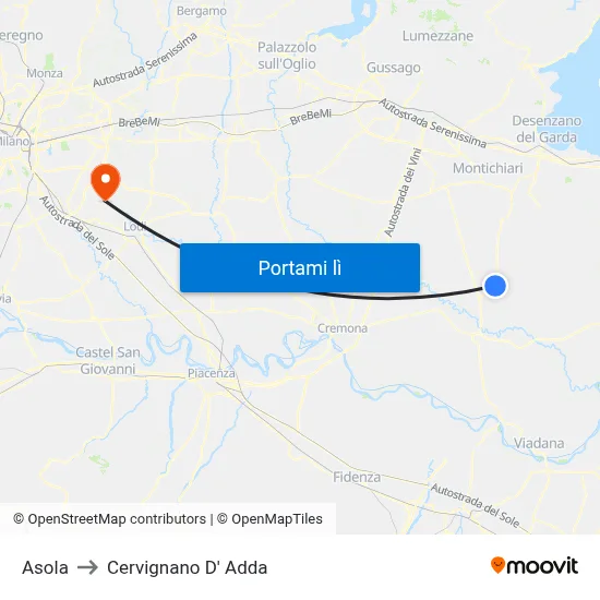 Asola to Cervignano D' Adda map