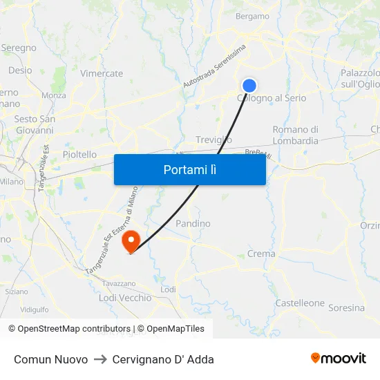 Comun Nuovo to Cervignano D' Adda map