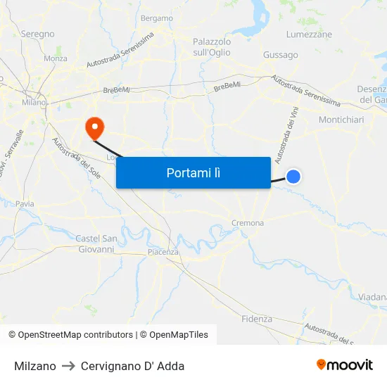 Milzano to Cervignano D' Adda map