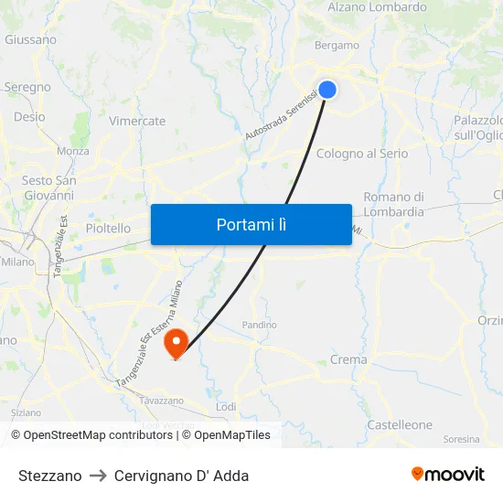 Stezzano to Cervignano D' Adda map