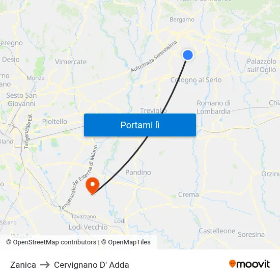 Zanica to Cervignano D' Adda map