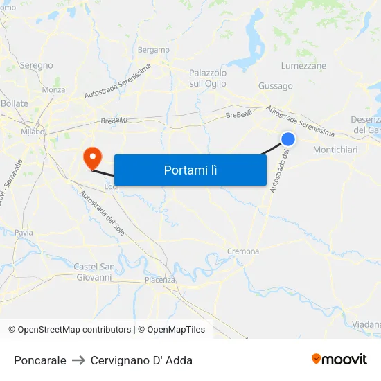 Poncarale to Cervignano D' Adda map