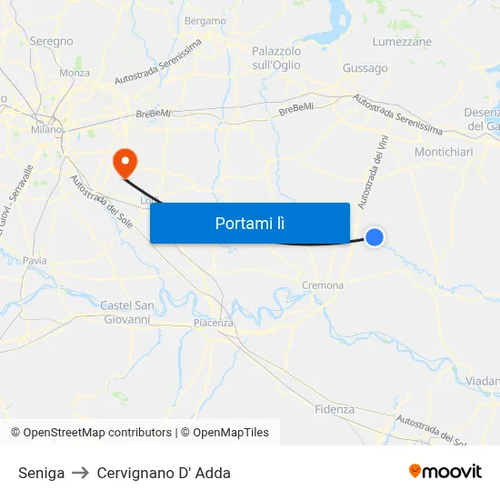 Seniga to Cervignano D' Adda map