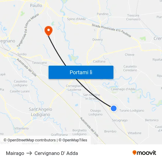 Mairago to Cervignano D' Adda map