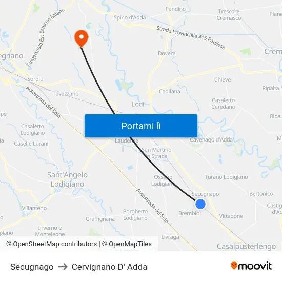 Secugnago to Cervignano D' Adda map