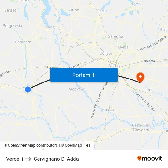 Vercelli to Cervignano D' Adda map