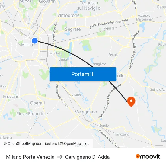 Milano Porta Venezia to Cervignano D' Adda map