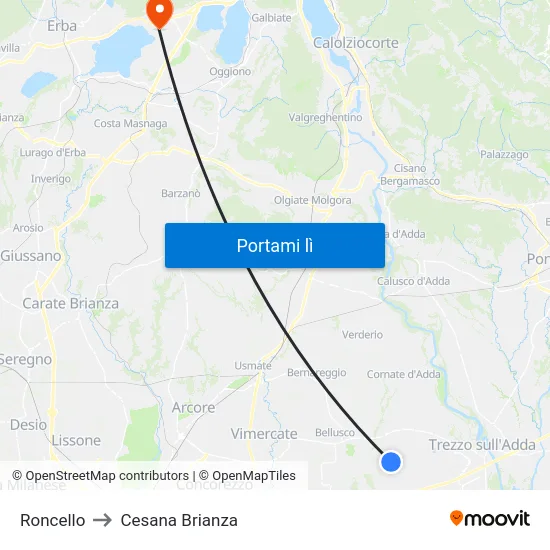 Roncello to Cesana Brianza map