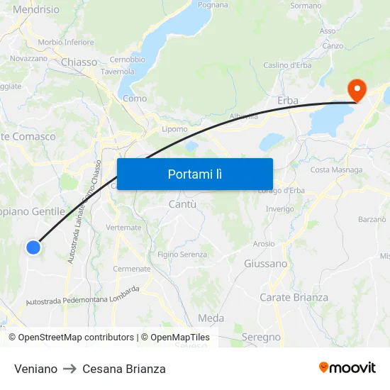 Veniano to Cesana Brianza map