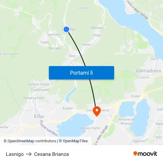 Lasnigo to Cesana Brianza map