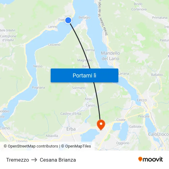 Tremezzo to Cesana Brianza map