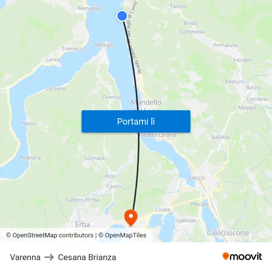 Varenna to Cesana Brianza map