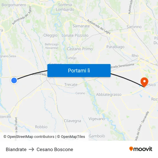 Biandrate to Cesano Boscone map