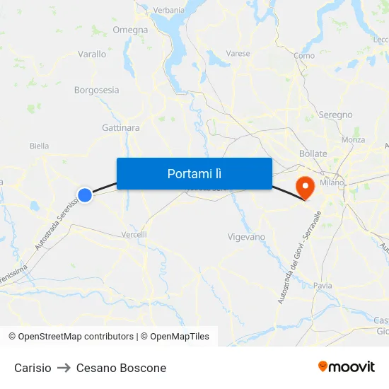 Carisio to Cesano Boscone map