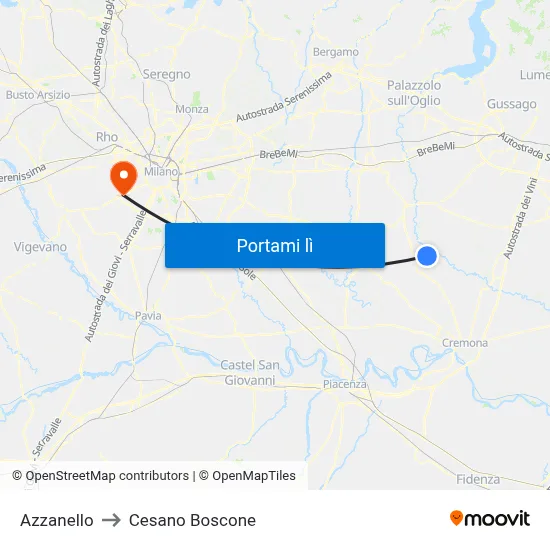 Azzanello to Cesano Boscone map