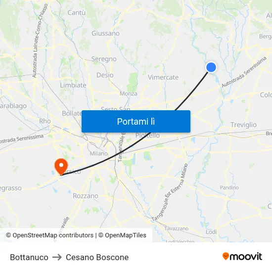 Bottanuco to Cesano Boscone map
