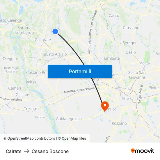 Cairate to Cesano Boscone map