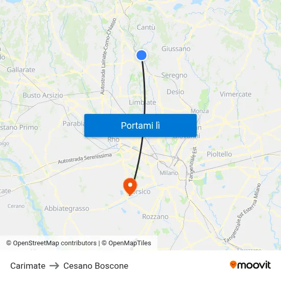 Carimate to Cesano Boscone map