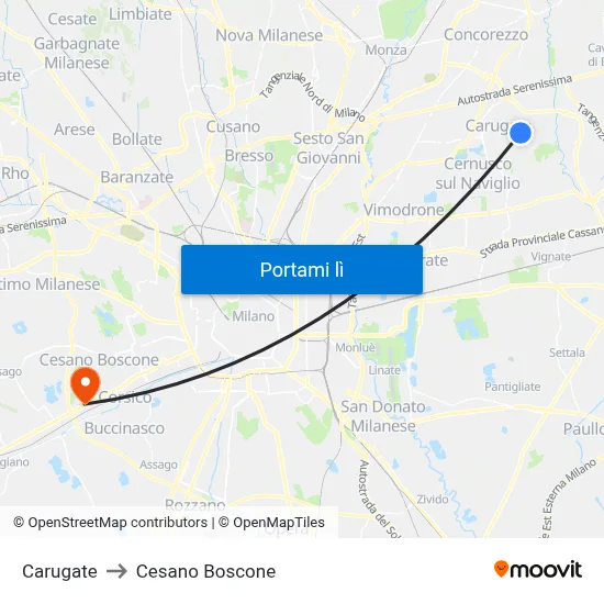 Carugate to Cesano Boscone map