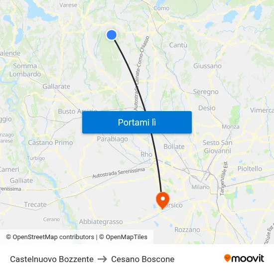 Castelnuovo Bozzente to Cesano Boscone map