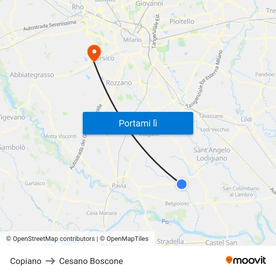 Copiano to Cesano Boscone map