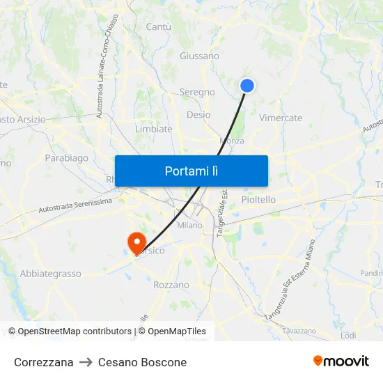 Correzzana to Cesano Boscone map