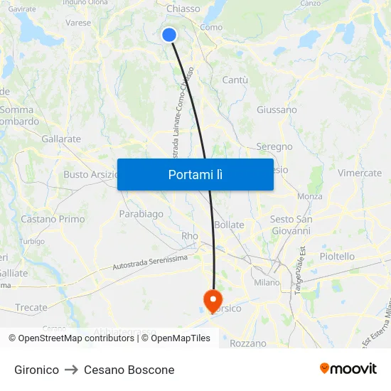 Gironico to Cesano Boscone map