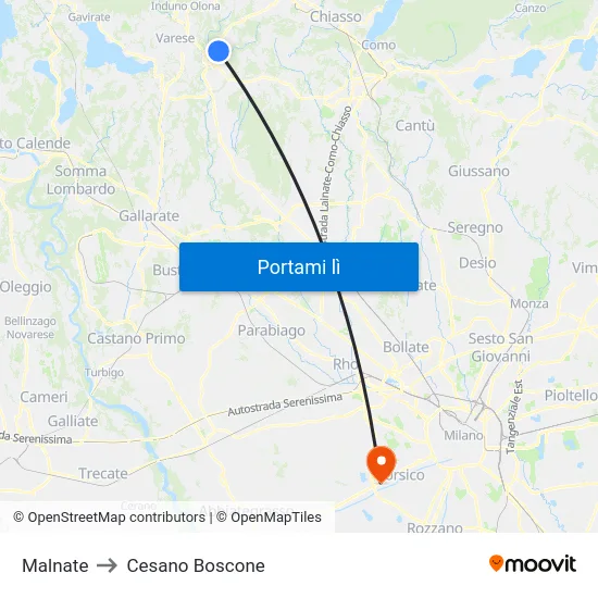 Malnate to Cesano Boscone map