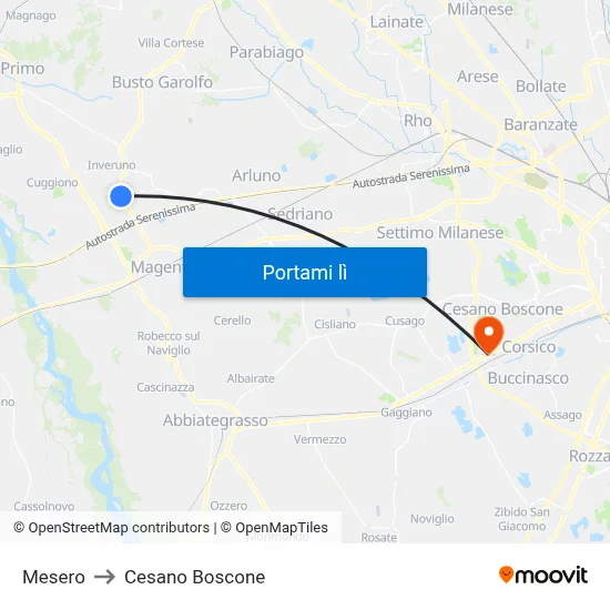 Mesero to Cesano Boscone map