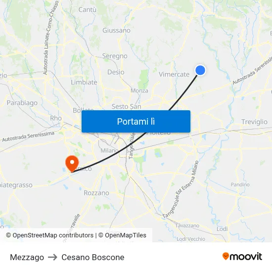 Mezzago to Cesano Boscone map