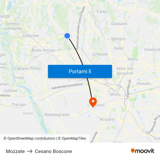 Mozzate to Cesano Boscone map