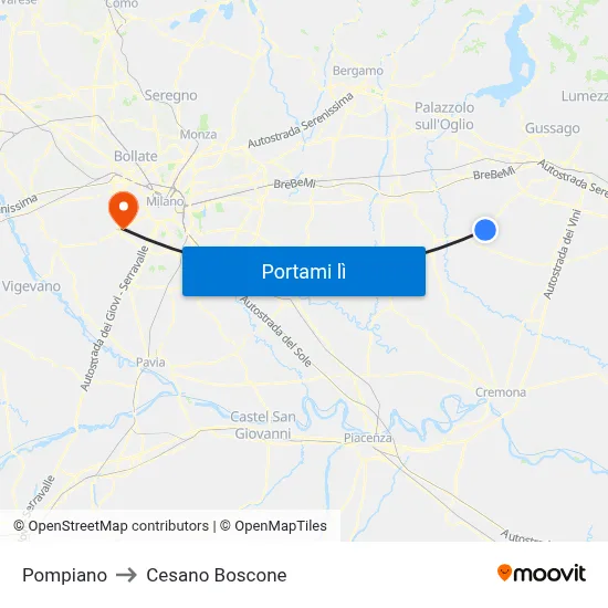 Pompiano to Cesano Boscone map