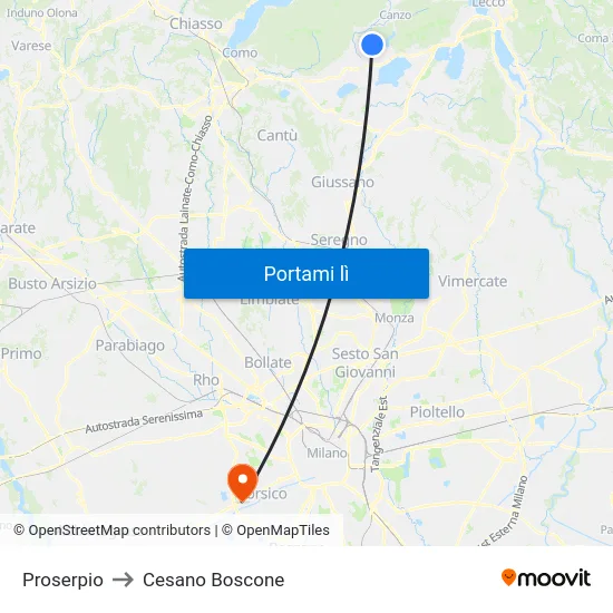 Proserpio to Cesano Boscone map