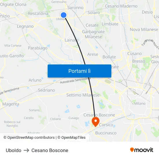 Uboldo to Cesano Boscone map