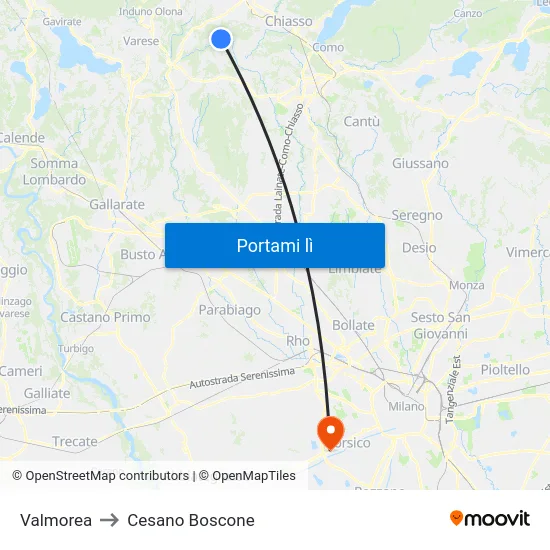 Valmorea to Cesano Boscone map