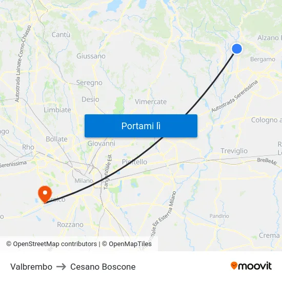 Valbrembo to Cesano Boscone map