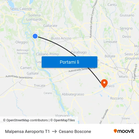 Malpensa Aeroporto T1 to Cesano Boscone map