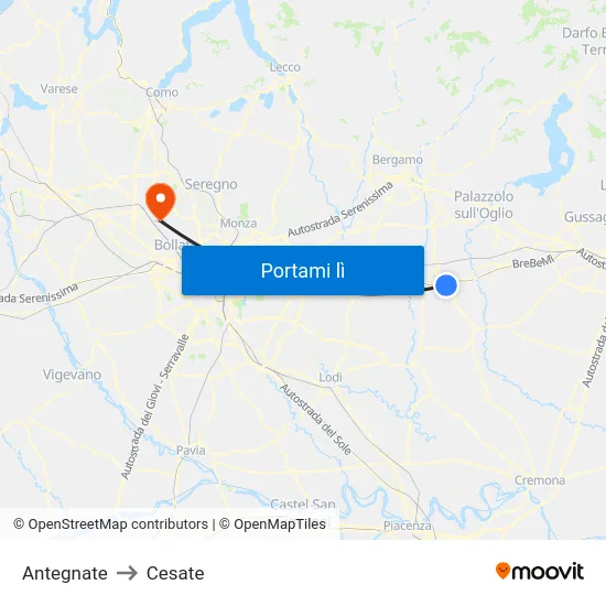 Antegnate to Cesate map