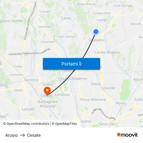 Arosio to Cesate map