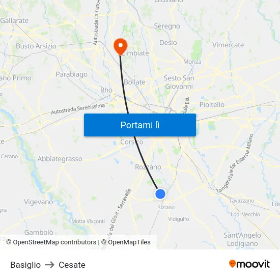 Basiglio to Cesate map