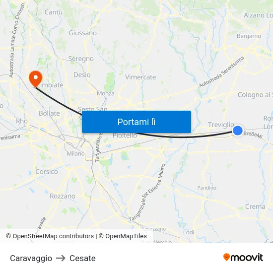 Caravaggio to Cesate map