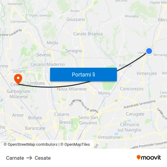 Carnate to Cesate map