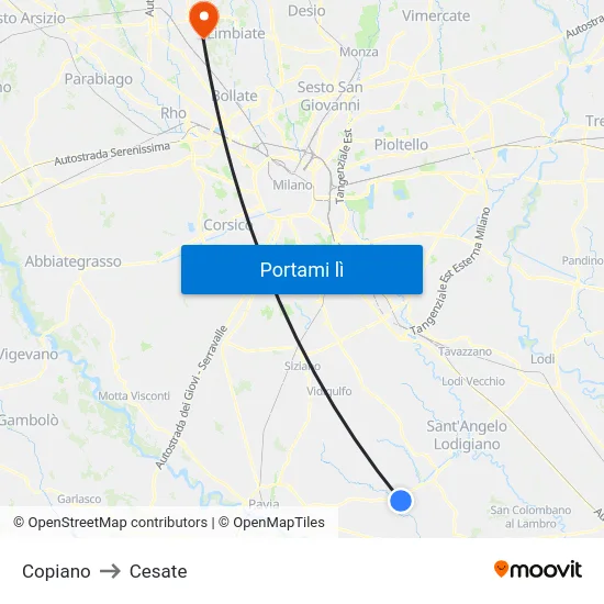 Copiano to Cesate map