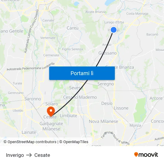 Inverigo to Cesate map