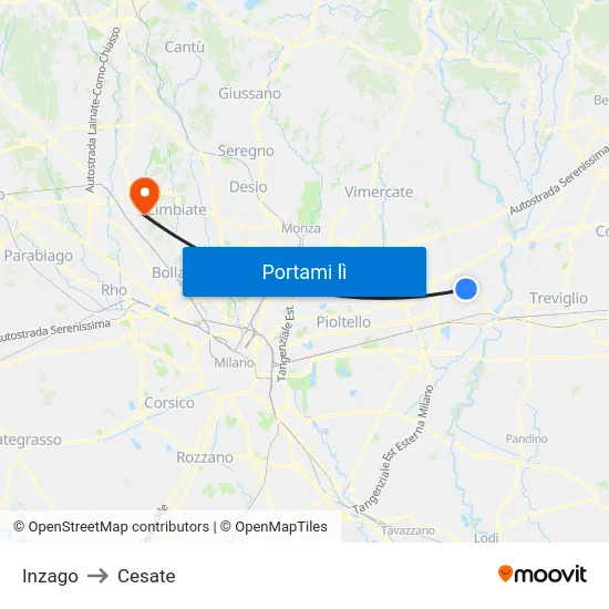 Inzago to Cesate map