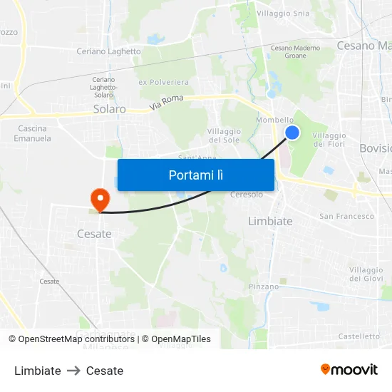Limbiate to Cesate map